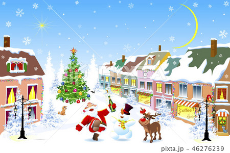 City in the winter. Jolly Santa, deer, snowman  46276239