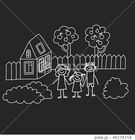Happy family with house. Kids drawing style vector illustration isolated on blackboard background 46276558