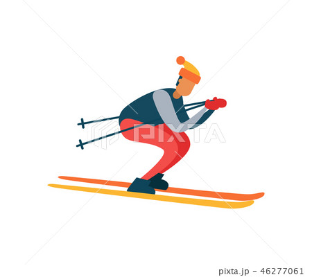 Experienced Skier on Fast Skis Moving Downhill 46277061