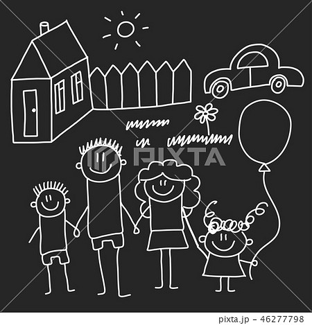Happy family with house. Kids drawing style vector illustration isolated on blackboard background Happy family with house. Kids drawing style vector illustration isolated on blackboard background 46277798