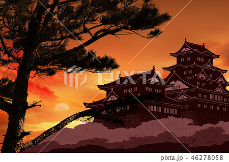 日本画 城と松の木 日本画 城と松の木