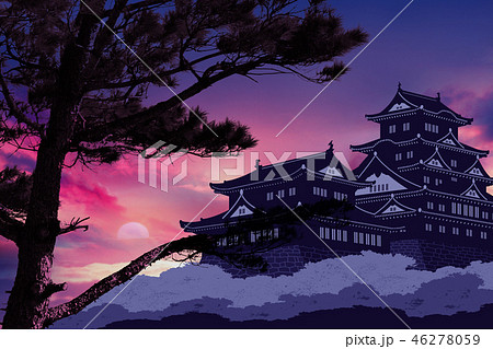 日本画 城と松の木