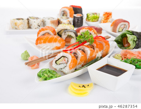 Japanese sushi set on white background. 46287354