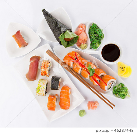 Japanese sushi set on white background. Japanese sushi set on white background. 46287448