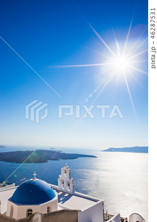 The Three bells of Fira and blue dome, Santorini, Greece. 46287531