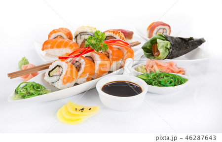 Japanese sushi set on white background. Japanese sushi set on white background. 46287643