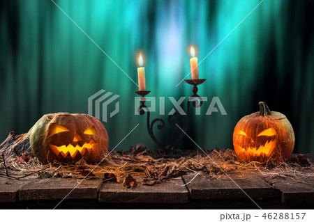 Halloween pumpkins on wooden planks. Halloween pumpkins on wooden planks. 46288157
