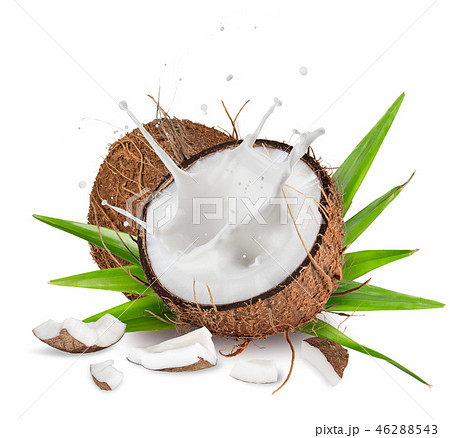 close-up of a coconuts with milk splash on white background 46288543