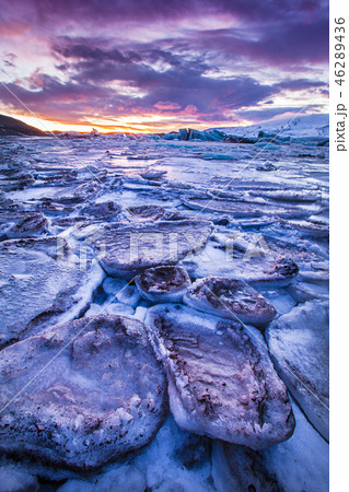 Icebergs in Jokulsarlon glacial lake during sunset, Iceland 46289436