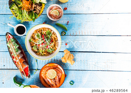 Various of asian meals on rustic background , top view , place for text. 46289564