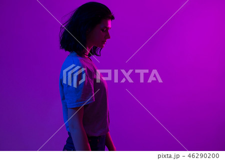 Creative colorful portrait of young woman. Night club, celebration. Creative colorful portrait of young woman. Night club, celebration. 46290200