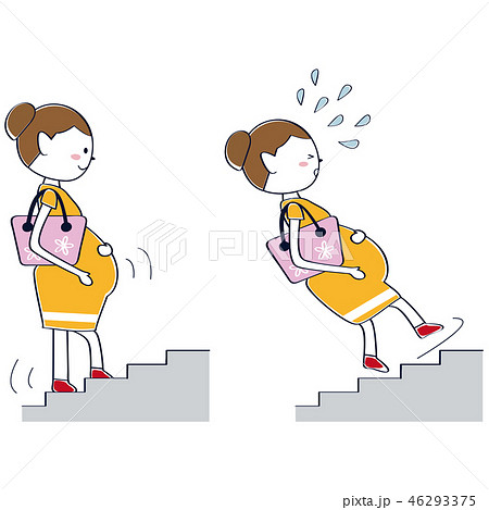 かわいい妊婦 危ないシーン 階段が転ぶので危ないのイラスト素材
