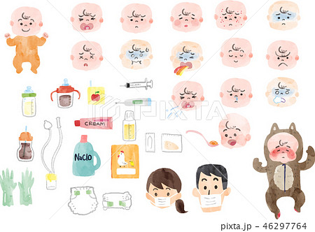 病気の赤ちゃんと赤ちゃん用品のイラストのイラスト素材