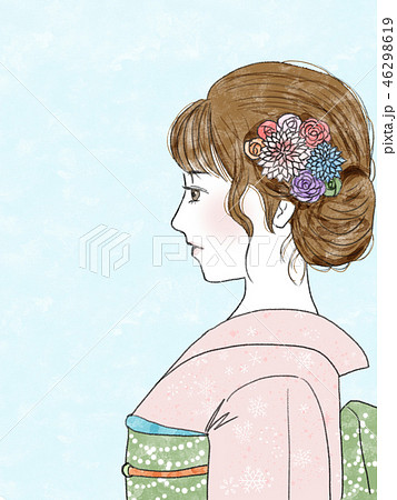 和服の女の子横顔 ブルーのイラスト素材