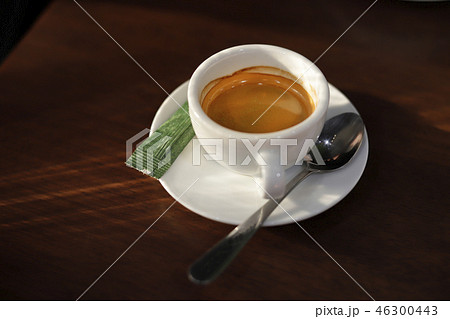 Espresso coffee hot in wooden. 46300443