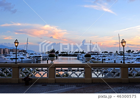 Luxury yacht, pier, cloudscape,, gradient sky Luxury yacht, pier, cloudscape,, gradient sky 46300575