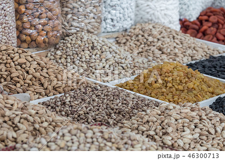 Dried fruits and nuts on local food market Dried fruits and nuts on local food market 46300713