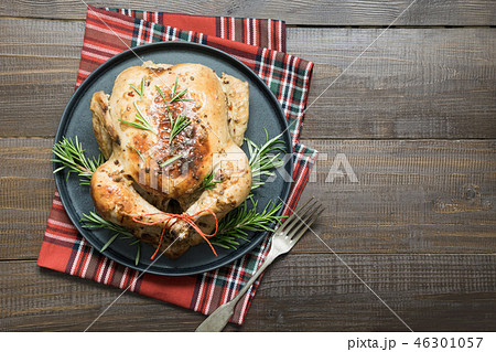 Traditional roasted chicken with rosemary.Top view 46301057