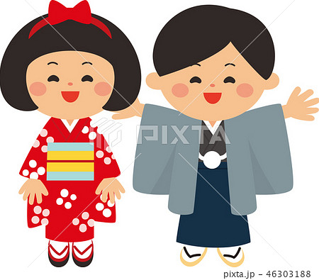 正月素材 着物を着た子供達 ベクターイラスト素材 正月素材 着物を着た子供達 ベクターイラスト素材 46303188
