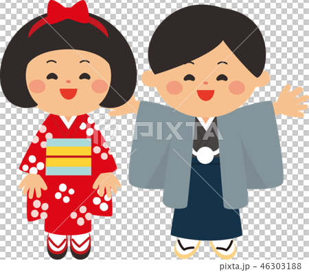 正月素材 着物を着た子供達 ベクターイラスト素材 正月素材 着物を着た子供達 ベクターイラスト素材 46303188