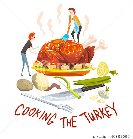 Cooking the turkey, two little men cooking huge festive turkey for Thanksgiving day or Christmas 46305096