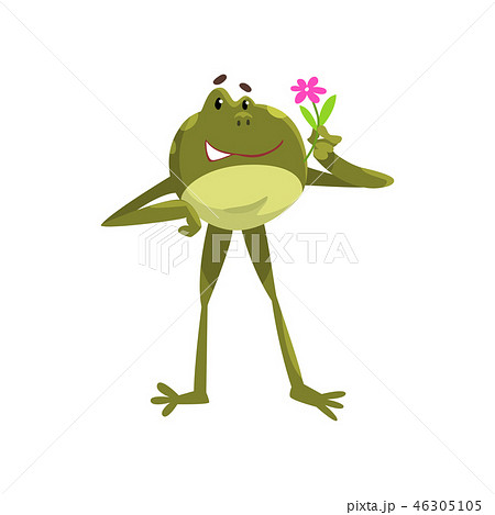 Funny frog amfibian animal cartoon character standing with flower vector Illustration on a white 46305105