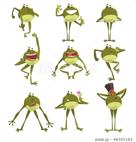 Emotional green funny frog, amfibian animal cartoon character in different poses vector Illustration Emotional green funny frog, amfibian animal cartoon character in different poses vector Illustration 46305165
