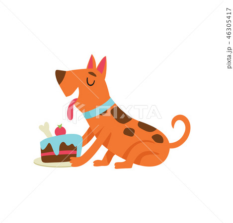 Cute dog eating cake, funny cartoon animal character at birthday party vector Illustration 46305417