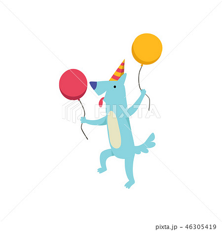 Cute dog in party hat with colorful balloons, funny cartoon animal character at birthday party 46305419