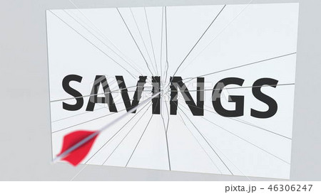 Archery arrow breaks plate with SAVINGS text, conceptual 3D rendering Archery arrow breaks plate with SAVINGS text, conceptual 3D rendering 46306247