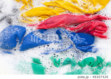 Washing clothes, colorful clothes soaked. Washing clothes, colorful clothes soaked. 46307426
