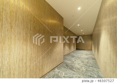 Empty wooden room corridor, walls and stone marble flooring, int Empty wooden room corridor, walls and stone marble flooring, int 46307527