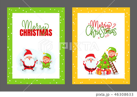 Greeting Cards Christmas Tree Santa and Elf Vector 46308633