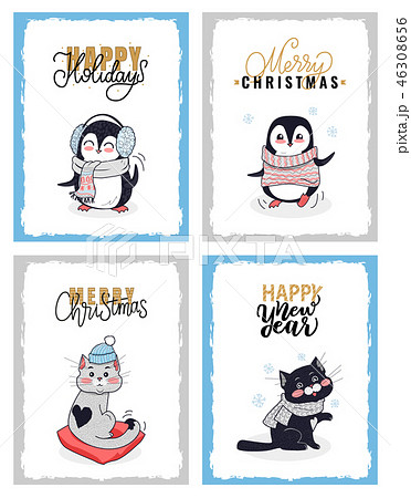 Cartoon Animals in Warm Cloth, Christmas Cards Cartoon Animals in Warm Cloth, Christmas Cards 46308656