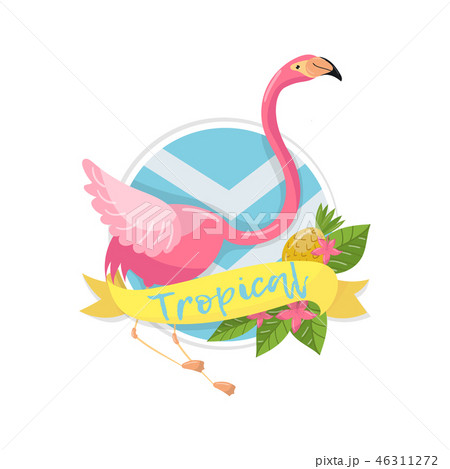 Tropical summer label, design element with palm leaves, flowers, pineapples and flamingo vector Tropical summer label, design element with palm leaves, flowers, pineapples and flamingo vector 46311272