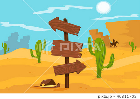 Old wooden road sign standing on desert landscape background vector Illustration, cartoon style 46311705