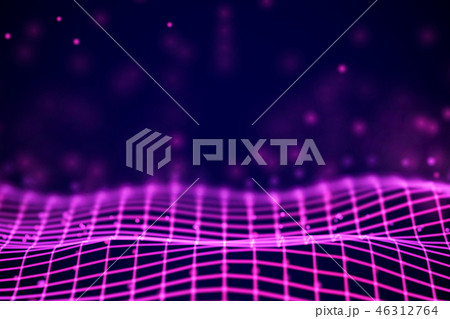 Virtual reality concept: 3D Red digital wireframe grid with floating particles. 46312764