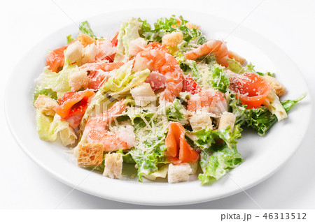 seafood caesar salad with shrimps, croutons, salad 46313512