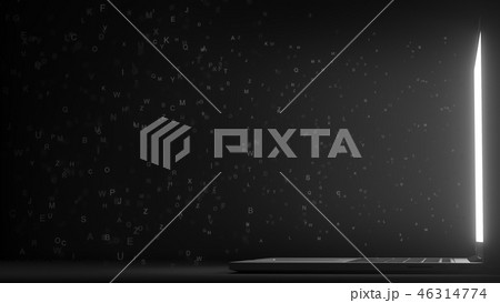 Letters flow from opening laptop in the dark. Internet information overload conceptual 3D rendering 46314774