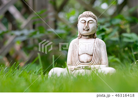 Small white Buddha statue in a meditation pose with green grass foreground and on natural bright 46316418