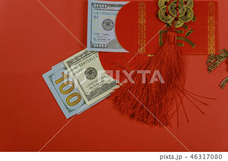 Top view accessories Chinese new year festival decorations on red background. 46317080