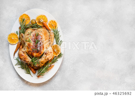 Traditional Christmas roasted chicken. Copy space. Traditional Christmas roasted chicken. Copy space. 46325692