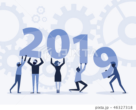 Happy new year 2019 text hold by team 46327318
