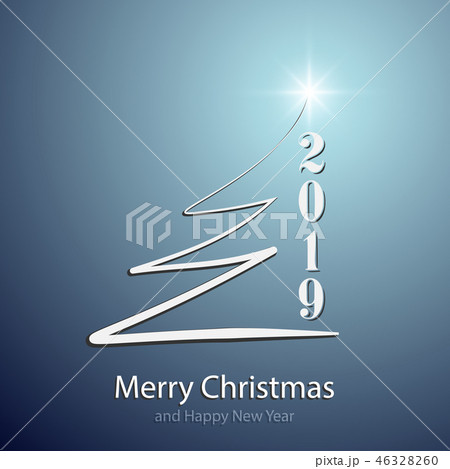 Merry Christmas and Happy New Year 2019 background with white christmas tree and numbers on blue Merry Christmas and Happy New Year 2019 background with white christmas tree and numbers on blue 46328260