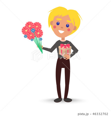 Smiling Child With Gift Box Bouquet Of Flowersのイラスト素材