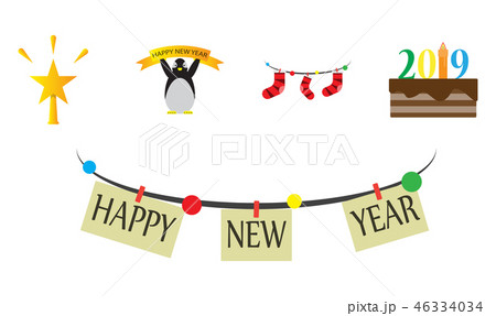 Happy New Year 2019 typographic emblems set. Vector logo, text design. Usable for banners, greeting 46334034