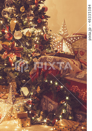 Christmas interior, fireplace lights 46335384