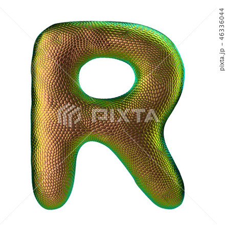 Letter R made of natural snake skin texture gold color. 3D letter render isolated on white. 46336044
