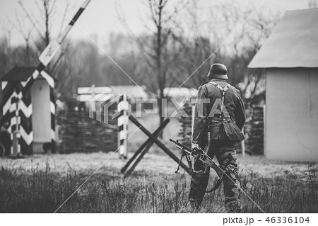 Re-enactor Dressed As World War II German Soldier Holding Zb-30 Re-enactor Dressed As World War II German Soldier Holding Zb-30 46336104