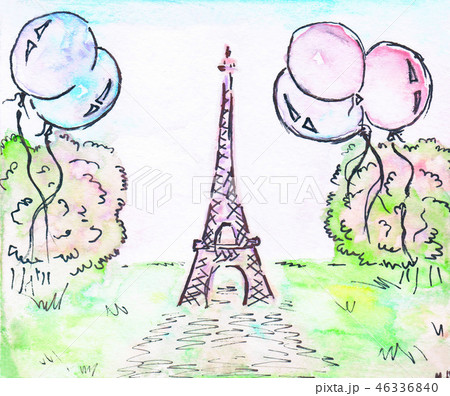Eiffel tower. Green lawn, balloons and green trees -illustration. Eiffel tower. Green lawn, balloons and green trees -illustration. 46336840